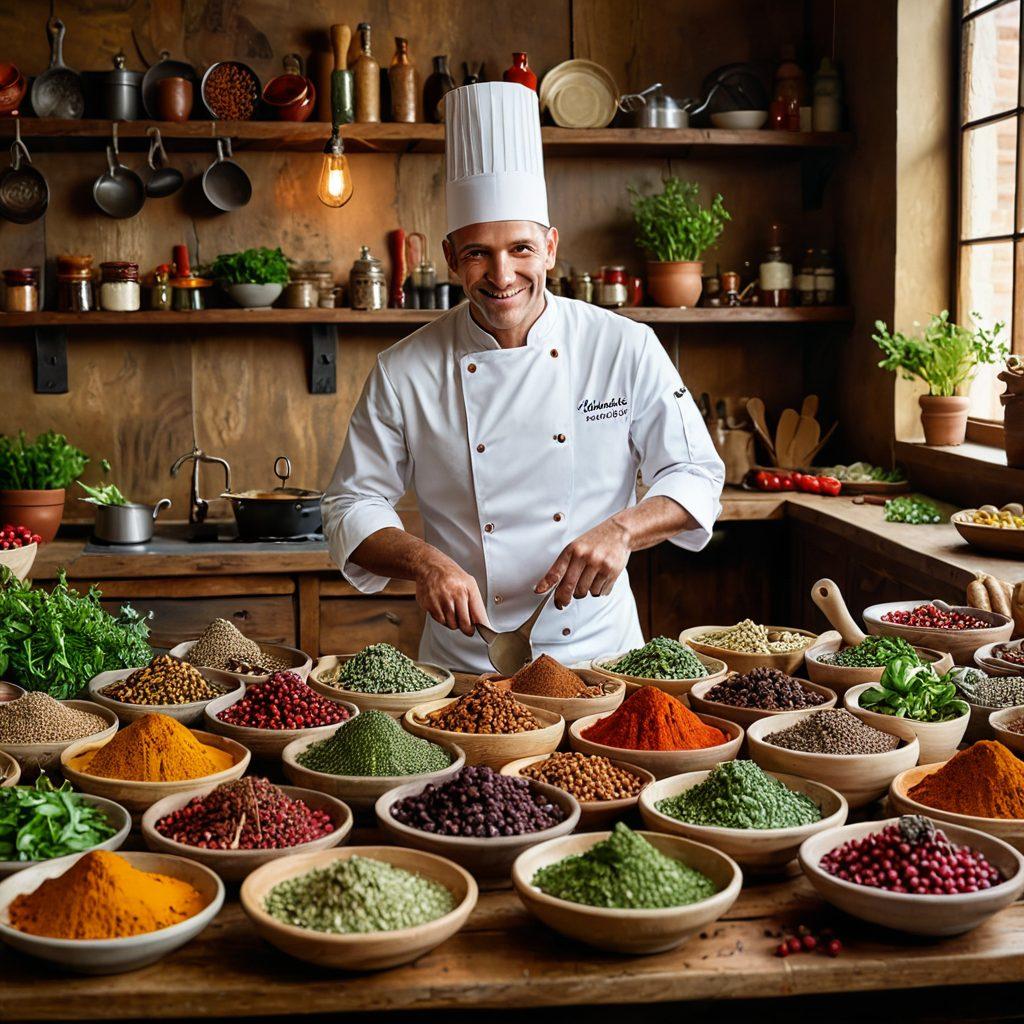 A colorful spice bazaar overflowing with various types of peppercorns and other spices, highlighting the rich textures and vibrant hues. Include a chef joyfully experimenting with spices at a rustic wooden table, surrounded by fresh herbs and cooking utensils. The background should depict a warm and inviting kitchen atmosphere, with soft light illuminating the scene. super-realistic. vibrant colors. warm lighting.