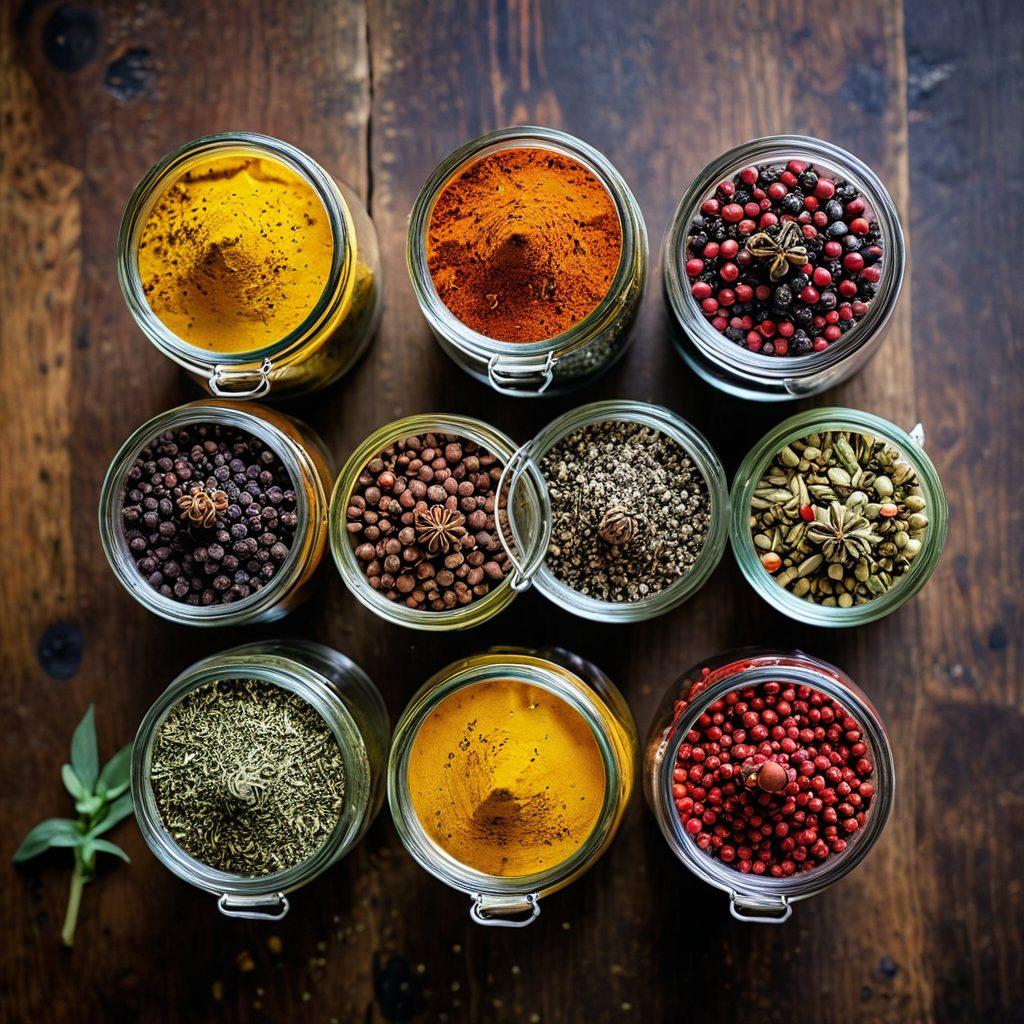 A vibrant assortment of artisan peppercorns displayed in glass jars, surrounded by colorful spices like turmeric and paprika. A wooden table serves as the background with fresh herbs like basil and rosemary scattered around, enhancing the rustic feel. Brightly colored bowls filled with various dishes showcase the joyful flavors these peppercorns can bring to culinary creations. soft-focus, warm lighting, high contrast. vibrant colors.