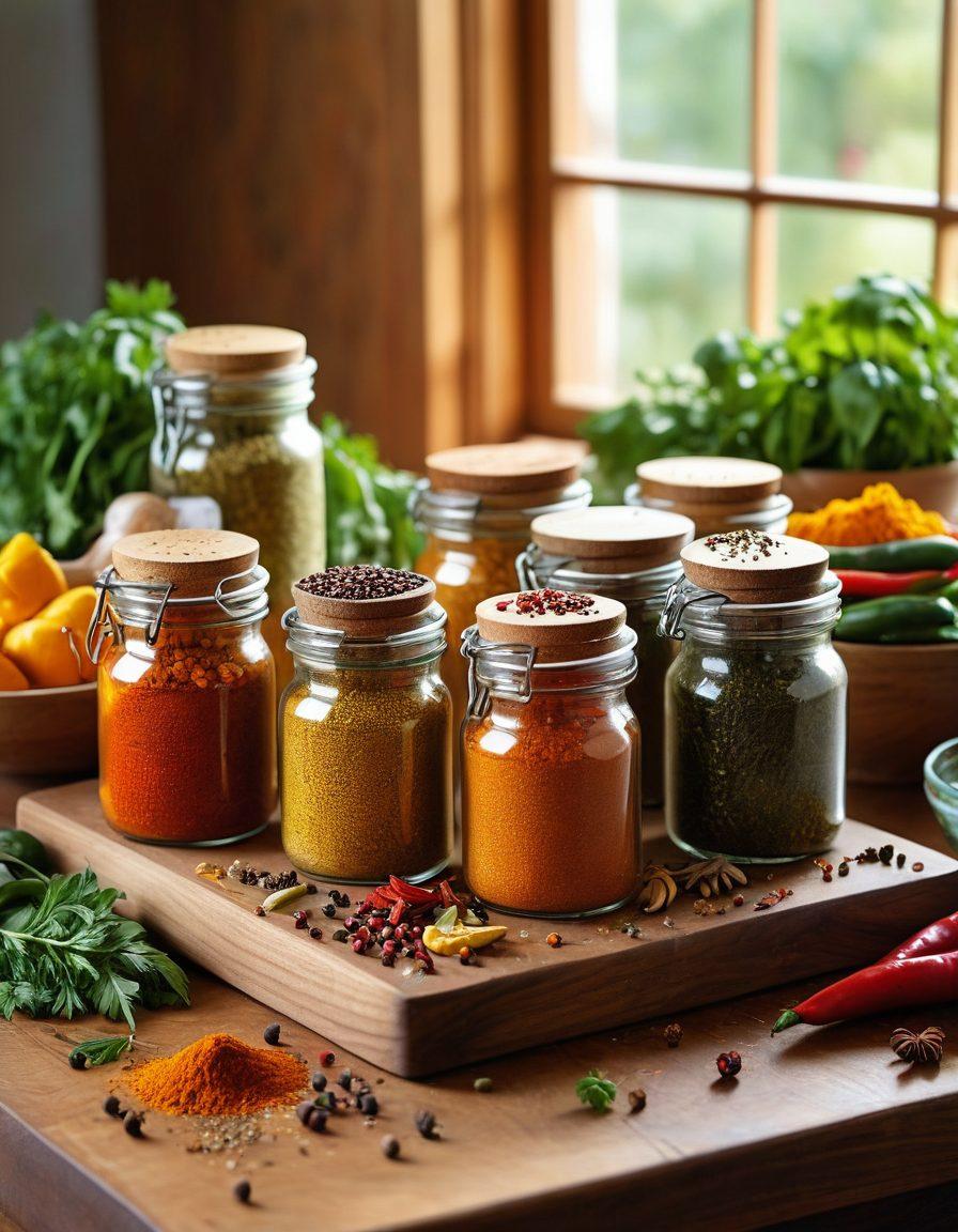 A beautifully arranged kitchen workspace featuring an array of gourmet seasonings in elegant jars, colorful spices spilling out onto a wooden cutting board, and fresh ingredients like herbs and vegetables in the background. The ambiance is warm with natural light filtering through a window, highlighting the vibrant colors of the spices and fresh produce. The scene should evoke a sense of creativity and passion for cooking. super-realistic. vibrant colors. soft lighting.